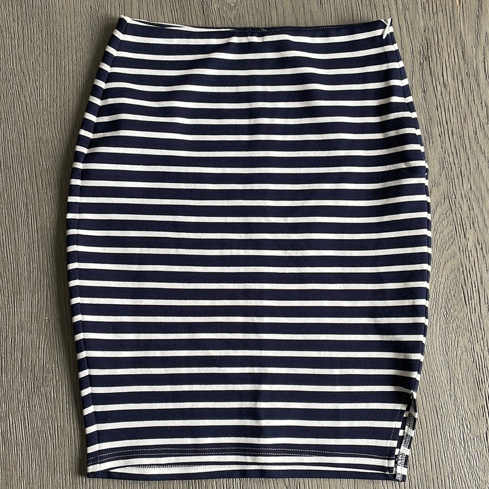 Navy and white striped pencil skirt